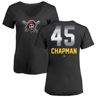 Women's Pittsburgh Pirates Aroldis Chapman Black Midnight Mascot V-Neck T-Shirt