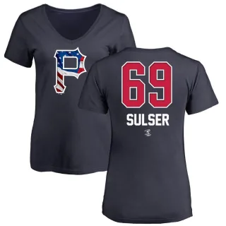 Women's Pittsburgh Pirates Beau Sulser Navy Name and Number Banner Wave V-Neck T-Shirt