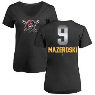 Women's Pittsburgh Pirates Bill Mazeroski Black Midnight Mascot V-Neck T-Shirt