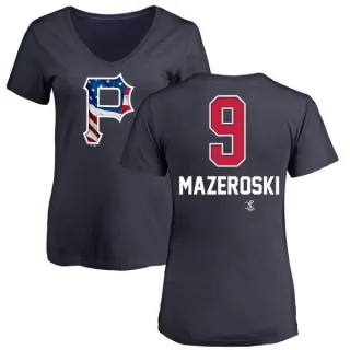 Women's Pittsburgh Pirates Bill Mazeroski Navy Name and Number Banner Wave V-Neck T-Shirt