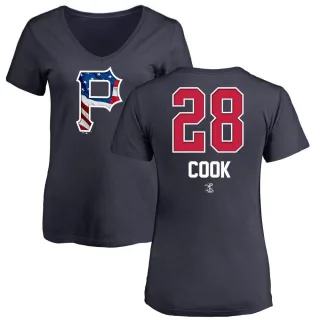 Women's Pittsburgh Pirates Billy Cook Navy Name and Number Banner Wave V-Neck T-Shirt