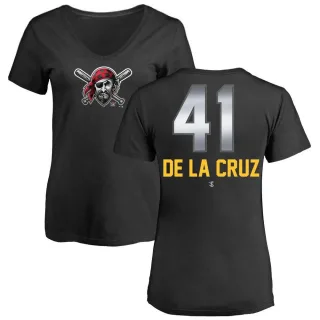 Women's Pittsburgh Pirates Bryan De La Cruz Black Midnight Mascot V-Neck T-Shirt