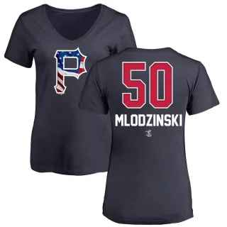 Women's Pittsburgh Pirates Carmen Mlodzinski Navy Name and Number Banner Wave V-Neck T-Shirt