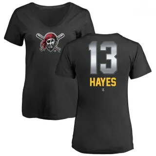 Women's Pittsburgh Pirates Ke'Bryan Hayes Black Midnight Mascot V-Neck T-Shirt