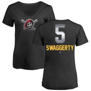 Women's Pittsburgh Pirates Travis Swaggerty Black Midnight Mascot V-Neck T-Shirt