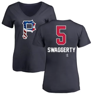 Women's Pittsburgh Pirates Travis Swaggerty Navy Name and Number Banner Wave V-Neck T-Shirt