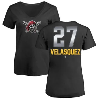 Women's Pittsburgh Pirates Vince Velasquez Black Midnight Mascot V-Neck T-Shirt